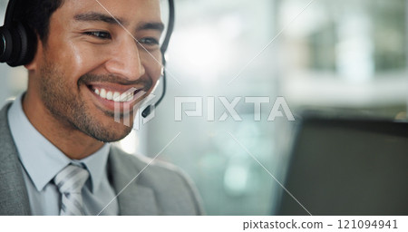 Man, call center and happy with computer, contact and customer service with reading in modern office. Person, consultant or agent with smile, headphones and voip connection for support at help desk Man, call center and happy with computer, contact and customer service with reading in modern office. Person, consultant or agent with smile, headphones and voip connection for support at help desk 121094941