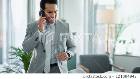 Office, happy man and talking with phone call, business proposal and investment banking firm. Male person, speaking and mobile tech in communication for financial review, audit and career opportunity 121094942