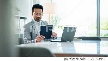 Tablet, research and reading with business man in office for planning, finance and company budget. Networking, communication and client email with person in corporate firm for feedback on sales 121094945