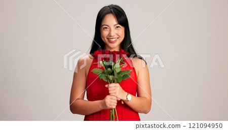 Woman, studio background and smile with rose on portrait for love, care and valentines day celebration in Japan. Japanese person, romance and happy in red dress with flower as anniversary gift Woman, studio background and smile with rose on portrait for love, care and valentines day celebration in Japan. Japanese person, romance and happy in red dress with flower as anniversary gift 121094950
