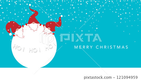 Festive Christmas banner with big snowball and set Scandinavian nordic gnome, cute Christmas Santa Hat Gnomes, Ho Ho Ho Elf. Blue background and snowing with copy space. Vector Xmas card 121094959