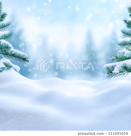 A Serene and Picturesque Winter Landscape Filled with Snow, Evergreens, and Beautiful Scenery 121095059