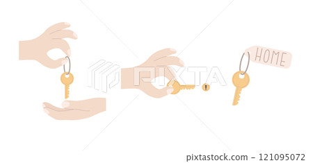 Hand giving key, open lock, door vector illustration. Simple flat real estate, rental, new apartment buying concept icons set. Hand giving key, open lock, door vector illustration. Simple flat real estate, rental, new apartment buying concept icons set. 121095072