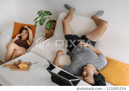 Couple lover, man tired of waiting woman having her phone call. Couple lover, man tired of waiting woman having her phone call. 121095254