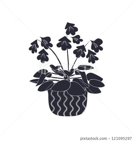 Black linocut silhouette of potted houseplant chirita 121095297