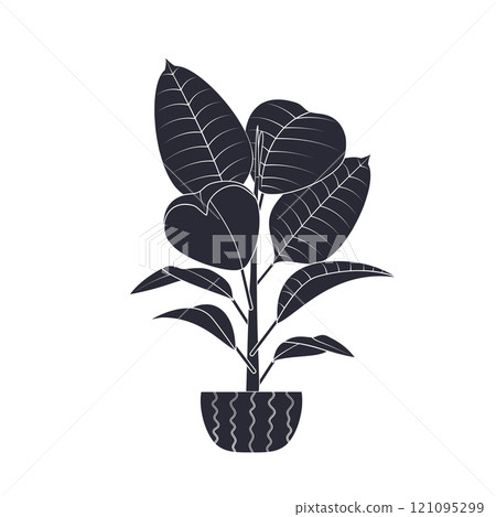 Black linocut silhouette of potted houseplant ficus 121095299