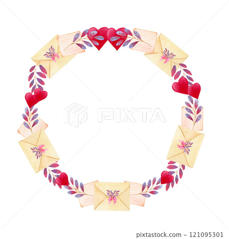 Watercolor wreath of envelops, notes, hearts, pink bows and pink violet brunches Watercolor wreath of envelops, notes, hearts, pink bows and pink violet brunches 121095301