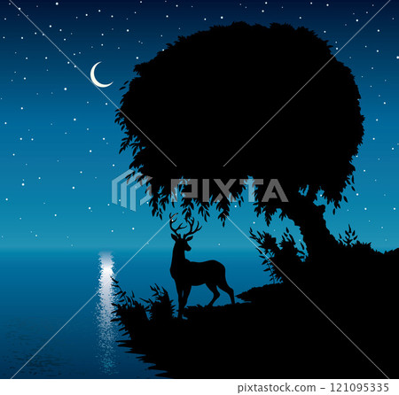 Vector drawing. Deer at the lake 121095335