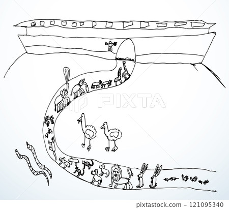 Biblical Noah's Ark. Vector drawing in kid's style Biblical Noah's Ark. Vector drawing in kid's style 121095340