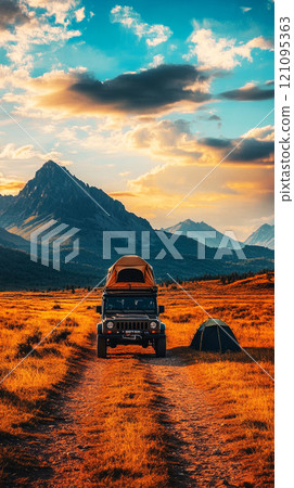 The rugged off-road vehicle maneuvers through the arid desert terrain, carrying luggage atop while stirring up dust trails beneath a dramatic sky filled with rolling clouds 121095363