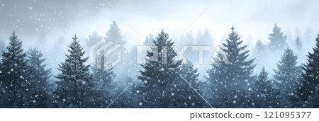 Blurred snowy pine forest with falling snowflakes, capturing the quiet beauty of winter's natural landscape, banner 121095377