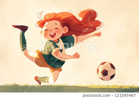 Energetic illustration of a joyful child playing soccer, kicking the ball with excitement and delight 121095467
