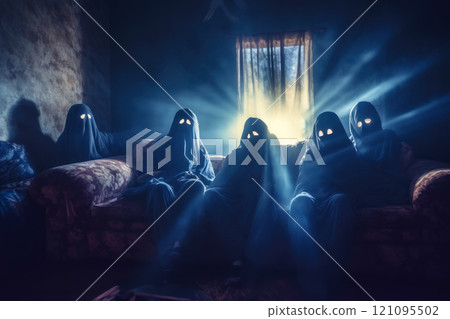 Mysterious figures with glowing eyes assembled in dark room. Mysterious figures with glowing eyes assembled in dark room. 121095502