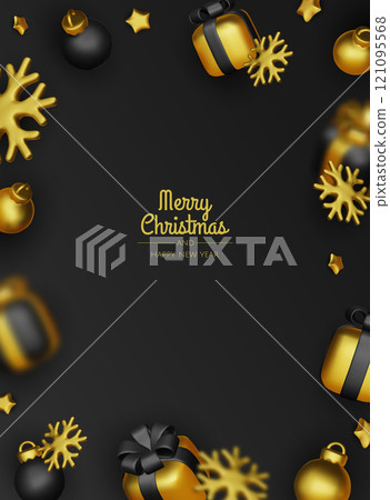Happy New Year and Merry Christmas. Christmas holiday background with realistic 3d objects, bauble balls, conical metal stars. Levitation falling design composition. Happy New Year and Merry Christmas. Christmas holiday background with realistic 3d objects, bauble balls, conical metal stars. Levitation falling design composition. 121095568
