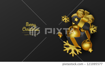 Christmas gifts box realistic 3d design. Xmas composition falling open pink gift boxes with festive decorative objects, balls bauble. Happy new year holiday background. Vector illustration 121095577