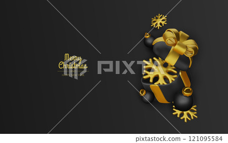 Happy New Year and Merry Christmas. Christmas holiday background with realistic 3d objects, bauble balls, conical metal stars. Levitation falling design composition. Happy New Year and Merry Christmas. Christmas holiday background with realistic 3d objects, bauble balls, conical metal stars. Levitation falling design composition. 121095584