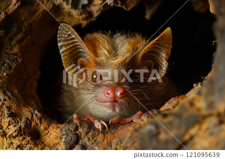 A charming close-up of a bat peeking out from its natural habitat in a tree hollow. 121095639