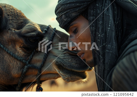A close bonding moment between a man and his camel in a serene desert landscape. 121095642