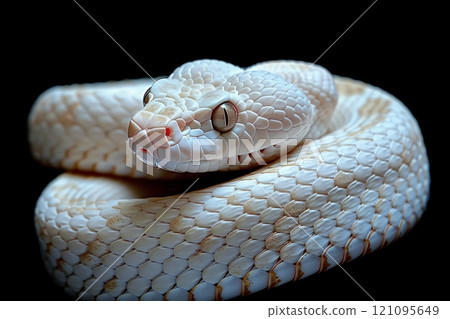 A close-up of a pristine white snake with intricate scales and a captivating gaze. 121095649