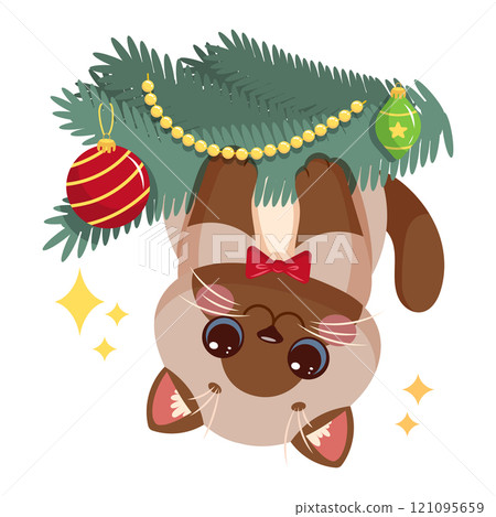 Playful Siamese cat hanging upside down from a decorated Christmas tree branch. Cute vector illustration Playful Siamese cat hanging upside down from a decorated Christmas tree branch. Cute vector illustration 121095659