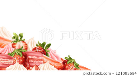 A border of whipped cream, strawberry slices and macaroons. Berry pink decor for birthday parties, wedding. Topping for cakes, cupcakes, ice cream. Confectionery sweets. Isolated illustration, frame A border of whipped cream, strawberry slices and macaroons. Berry pink decor for birthday parties, wedding. Topping for cakes, cupcakes, ice cream. Confectionery sweets. Isolated illustration, frame 121095684