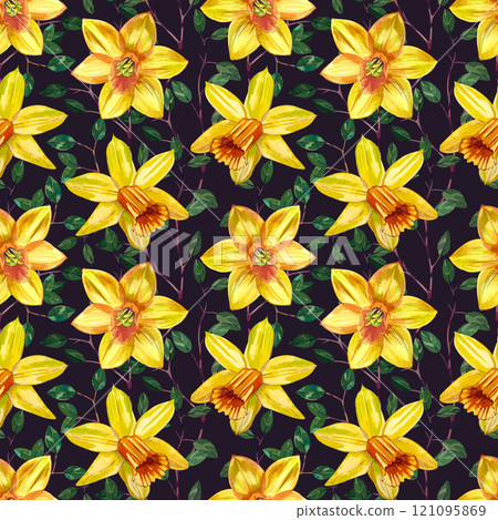Yellow daffodils and green leaves, branches, hand-painted in watercolor. Seamless watercolor pattern with daffodils on a dark background. For printing on cards, invitations, March 8, spring products Yellow daffodils and green leaves, branches, hand-painted in watercolor. Seamless watercolor pattern with daffodils on a dark background. For printing on cards, invitations, March 8, spring products 121095869