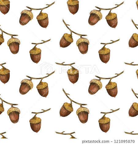 Acorns on a branch, hand-painted with brown and yellow watercolor. Watercolor seamless pattern. Suitable for printing on fabric, for home textiles, stationery and wallpaper for a child's room Acorns on a branch, hand-painted with brown and yellow watercolor. Watercolor seamless pattern. Suitable for printing on fabric, for home textiles, stationery and wallpaper for a child's room 121095870