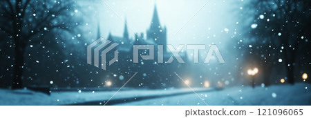 A majestic Gothic castle in the middle distance, cloaked in snow and blurred by falling snowflakes, sets a peaceful winter scene, banner 121096065