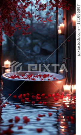 A luxurious bathtub filled with rose petals, surrounded by flickering candles, creating a romantic and intimate setting 121096097