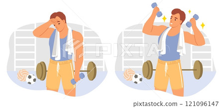 Tired and motivated sportsman training at gym Tired and motivated sportsman training at gym 121096147