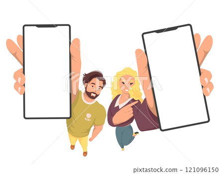 Couple looking and holding raised smartphone up Couple looking and holding raised smartphone up 121096150