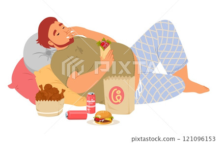 Lazy overweight man character eating junk fast food lying on pillows 121096153