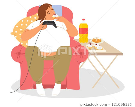 Fat teenager guy character eating calorie sweets playing computer games Fat teenager guy character eating calorie sweets playing computer games 121096155
