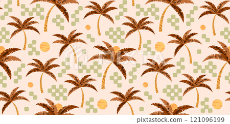 Palm tree seamless pattern design with sun motif. Geometric texture with checkered vintage color background Palm tree seamless pattern design with sun motif. Geometric texture with checkered vintage color background 121096199