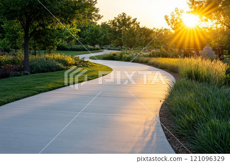 Modern park pathway with green landscaping Modern park pathway with green landscaping 121096329