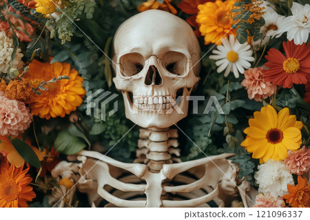 Human skeleton adorned with flowers and leaves 121096337