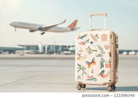 Stylish suitcase with stickers standing on an airport runway with an airplane in the background 121096340