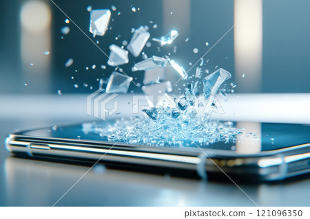 Smartphone with a cracked screen, glass pieces flying in mid air 121096350