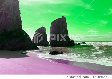Empty wild sandy beach, Atlantic Ocean seascape, sea waves, beautiful cloudscape, dramatic landscape, travel content, Lisbon, Portugal 121096540