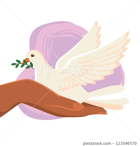Dove resting on hand holding olive branch Vector 121096570