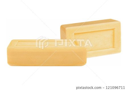 Two bars of Marseille soap, one behind the other in a very beautiful horizontal composition Two bars of Marseille soap, one behind the other in a very beautiful horizontal composition 121096711