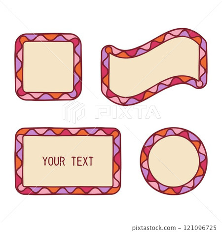 Decorative holiday frame set. Doodle style design, hand drawn bold stroke line border isolated elements, shape of rectangle, circle, square. Pink tones colours. Text empty space. Vector 121096725