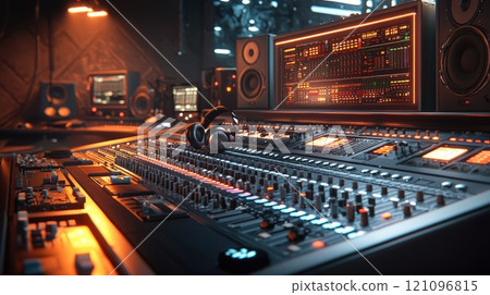Vibrant professional music studio with advanced audio mixing equipment and headphones 121096815