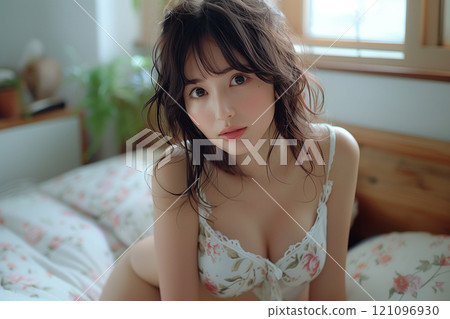 Lingerie model wearing floral lace underwear 121096930