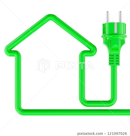 Energy Saving concept. Green power plug with power cable in shape as house, 3D rendering Energy Saving concept. Green power plug with power cable in shape as house, 3D rendering 121097026
