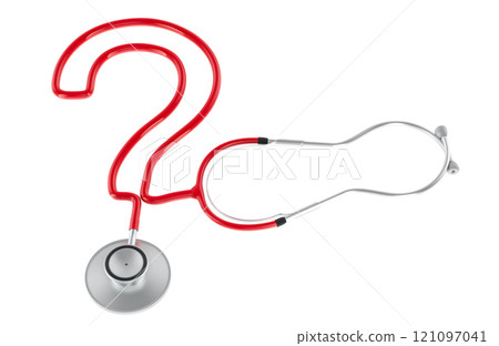 Stethoscope with question mark shape from cord. Medical question concept, 3D rendering 121097041