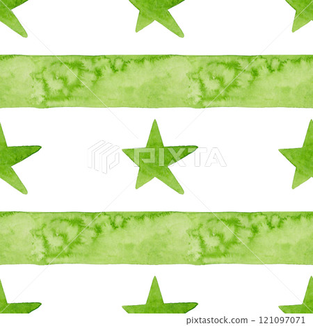 Striped with stars seamless pattern. Christmas packaging. Light green stripe. Ideal for festive textiles and other decor 121097071