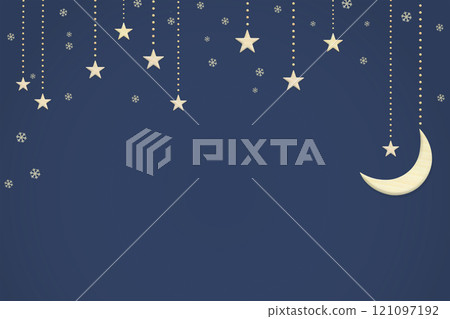 A large wood grain patterned moon and star ornament hanging from a chain on a dark blue background with falling snow 121097192