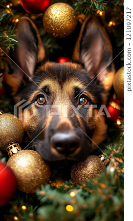 Curious German Shepherd puppy peeks through festive Christmas setting adorned with gold and red ornaments, making it heartwarming representation of holiday joy and the spirit of Christmas 121097217