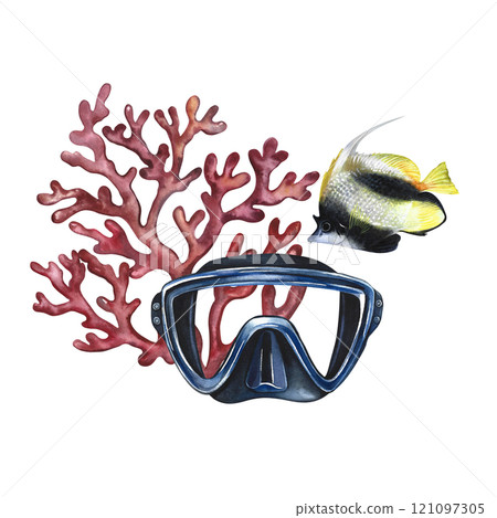 Marine, coral fish, coral and diver's mask. A hand-drawn watercolor illustration. Isolate. For postcards, prints, stickers and flyers. For banners and posters and business cards. Marine, coral fish, coral and diver's mask. A hand-drawn watercolor illustration. Isolate. For postcards, prints, stickers and flyers. For banners and posters and business cards. 121097305